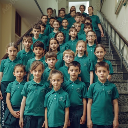 The future generation of Germany: Primary school students on the school stairs, generativer ai