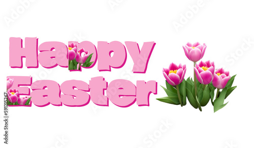 Happy Easter - Pink writing with Pink tulipe - png - image, poster, billboard, banner, postcard, ticket, printable, card
