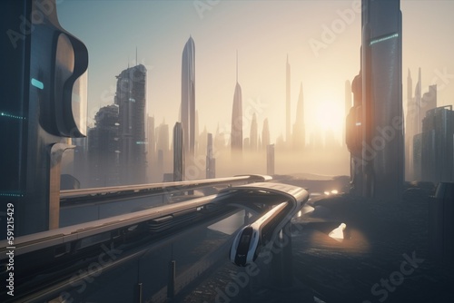 A futuristic cityscape with advanced infrastructure  such as maglev trains or hyperloops  Generative AI