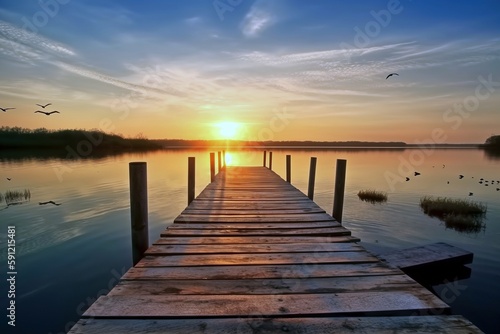 Sunset on Water with Wooden Dock, Generated by AI © Digital Dreamscape