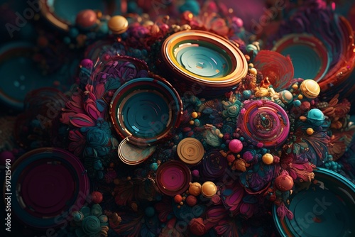A colorful abstract design with circles and spirals, Generative AI