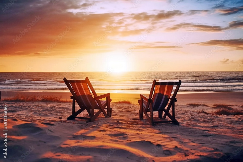 Two Deck Chairs on Beach at Sunset, Generated by AI