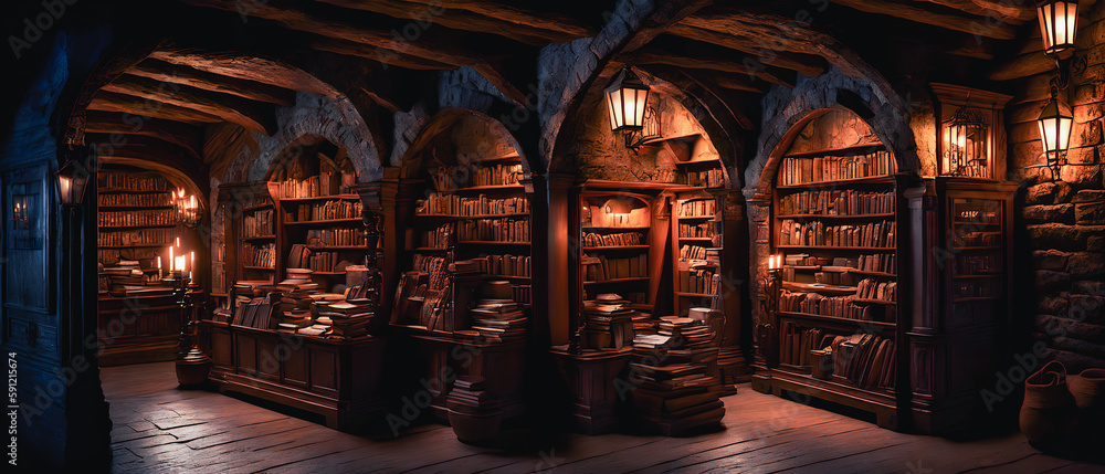 Old library room, dark colors, gloomy atmosphere. Generative AI.
