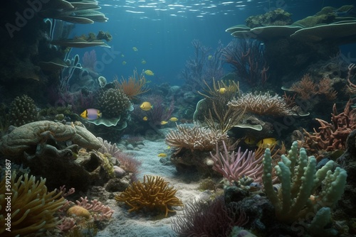 A detailed illustration of a sea or ocean scene with marine life, Generative AI © Italo