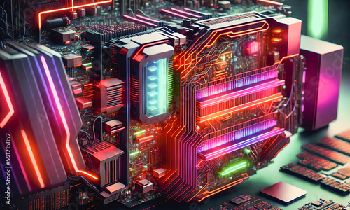 Quantum computer, motherboard, quantum processor unit. New technologies, future. Generative AI.