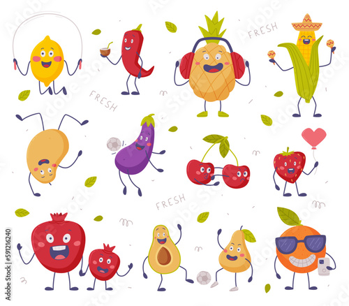 Fototapeta Naklejka Na Ścianę i Meble -  Funny Fruits and Vegetables Playing Ball and Listening to Music Vector Set