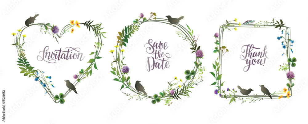 Floral summer frames set with birds. Floral frames collection for wedding invitation, posters, save the date, greeting card. Floral summer frames set with birds. Floral frames collection for wedding invitation, posters, save the date, greeting card.