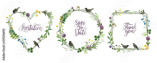 Floral summer frames set with birds. Floral frames collection for wedding invitation, posters, save the date, greeting card.