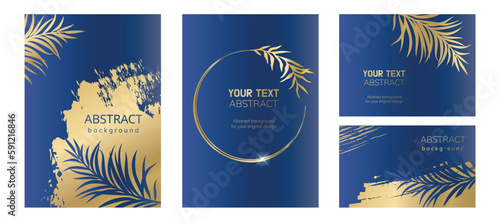 Set of blue and gold universal vector cards with palm leaves. Abstract design for invitation, brochure, poster, banner, flyer, corporate or business cards.
