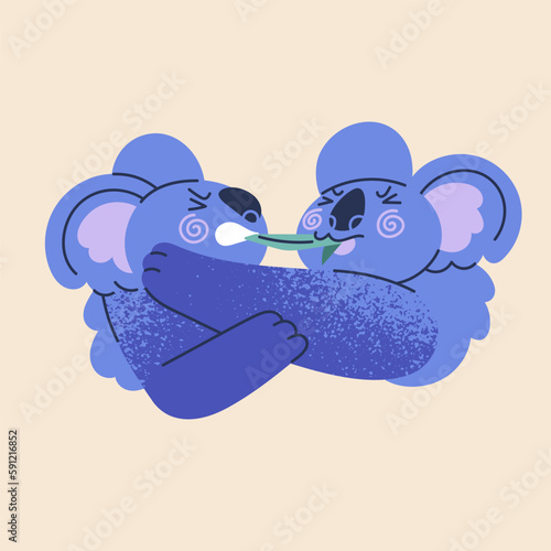 Two funny koala bears fighting for food, leaf. Cute amusing Australian bears eating leaves together, snatching feed from teeth, mouth. Kids zoo characters. Isolated childish flat vector illustration