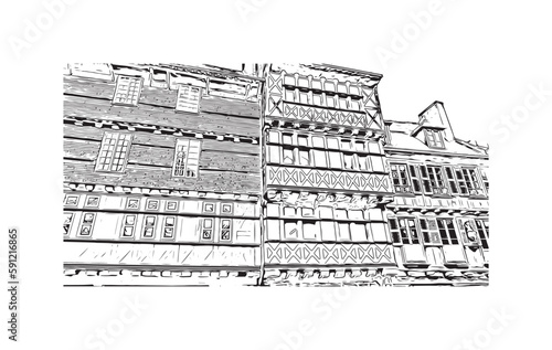 Building view with landmark of Quimper is the commune in France. Hand drawn sketch illustration in vector.
