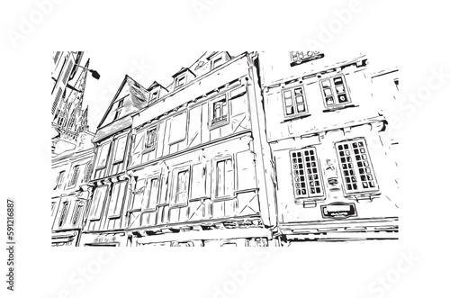 Building view with landmark of Quimper is the commune in France. Hand drawn sketch illustration in vector.