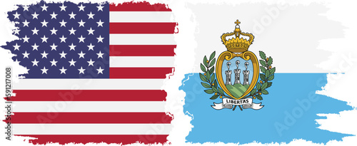 San Marino and USA grunge flags connection vector