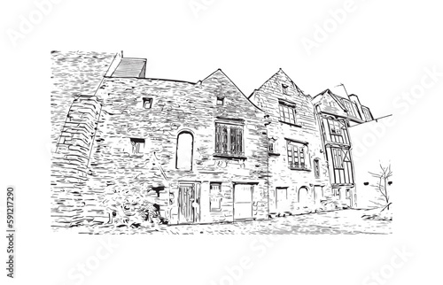 Building view with landmark of Quimper is the commune in France. Hand drawn sketch illustration in vector.