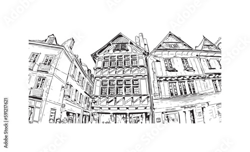Building view with landmark of Quimper is the commune in France. Hand drawn sketch illustration in vector.