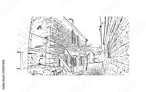 Building view with landmark of Quimper is the commune in France. Hand drawn sketch illustration in vector.