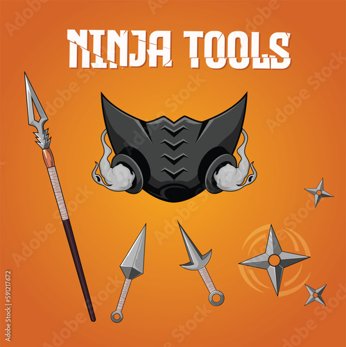 set of 3d ninja tools in shiny metal material. Can be used in any martial arts or gaming posters or any social media promotion. Gas Mask looks cool on ninja mascot designs with cool smoke coming out