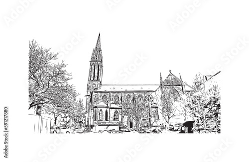 Building view with landmark of Quimper is the commune in France. Hand drawn sketch illustration in vector.