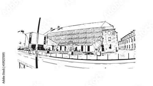 Building view with landmark of Quimper is the commune in France. Hand drawn sketch illustration in vector.