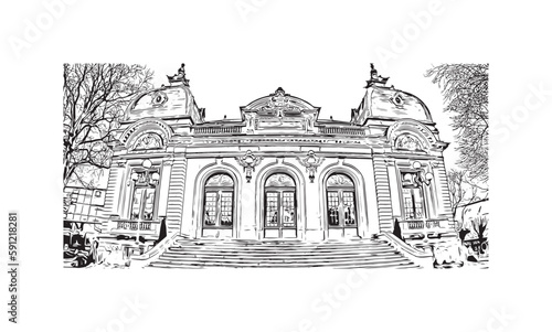 Building view with landmark of Quimper is the commune in France. Hand drawn sketch illustration in vector.
