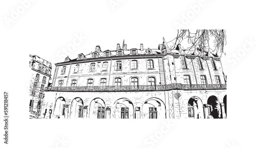 Building view with landmark of Quimper is the commune in France. Hand drawn sketch illustration in vector.
