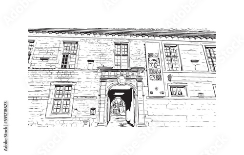 Building view with landmark of Quimper is the commune in France. Hand drawn sketch illustration in vector.