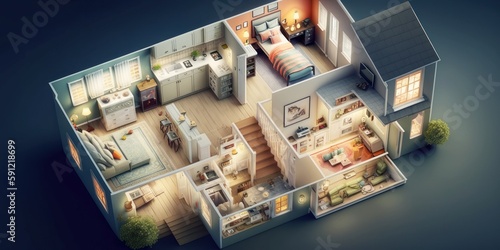 cutaway plan of a house, architecture, generative ai