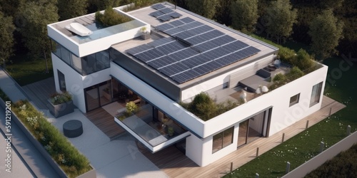 modern house with photovoltaic panels or solar panels on the roof, generative ai