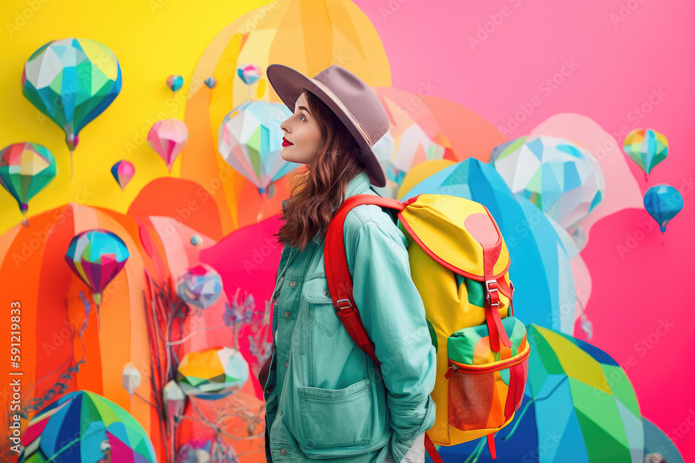 Young woman travels with backpack, modern art collage. Generative AI Young woman travels with backpack, modern art collage. Generative AI