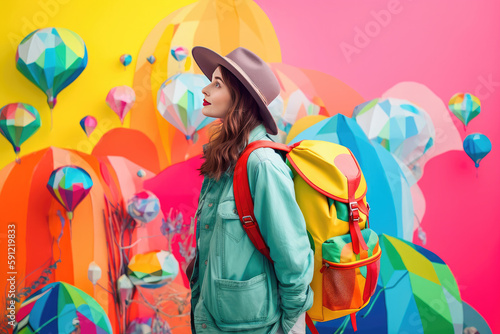 Young woman travels with backpack, modern art collage. Generative AI