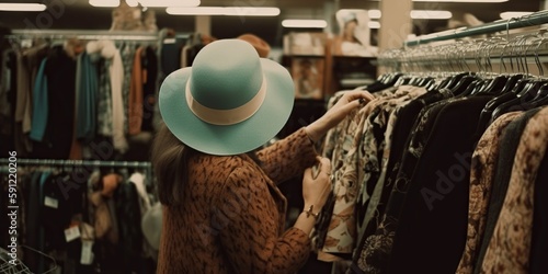  person browsing through vintage clothing and accessories at thrift store, concept of Retro Fashion and Thrift Shopping, created with Generative AI technology photo