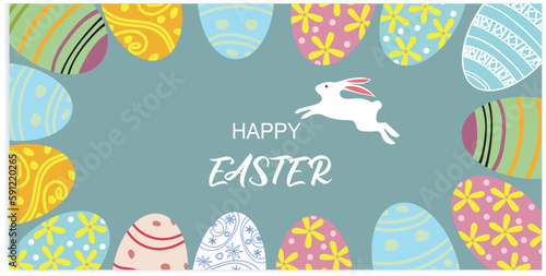 Happy Easter banner. Trendy Easter design with typography, hand-painted strokes and dots, eggs, bunny ears, in pastel colors. Modern minimal style. Horizontal poster, greeting card, header for website