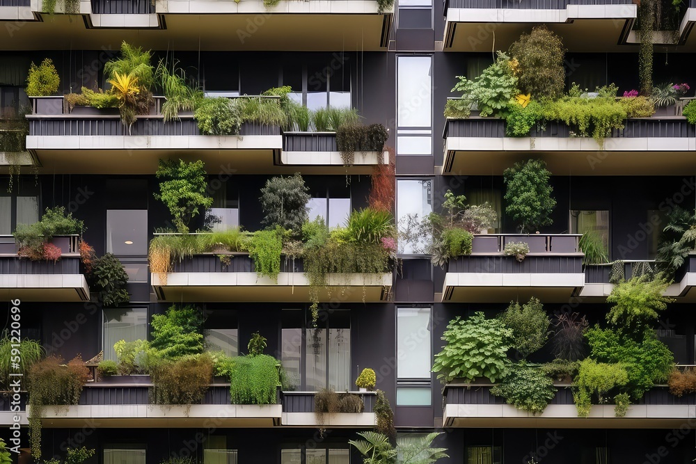 ecological city covered with plants and greenery, generative ai