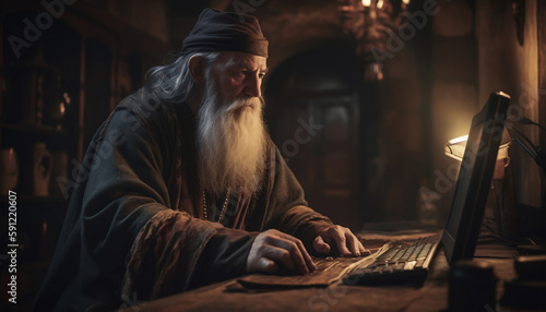 Wizard, old mage, working on a laptop, wizard in a castle, wizard working on a computer