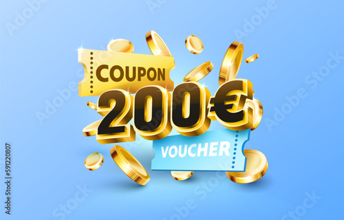 200 euro coupon gift voucher, cash back banner special offer. Vector illustration