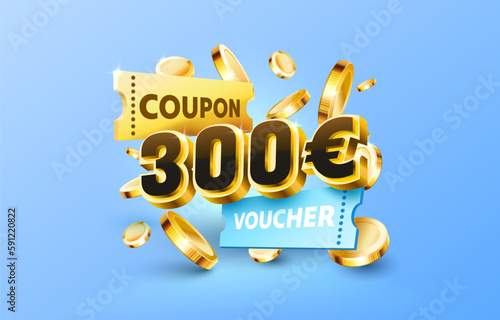 300 euro coupon gift voucher, cash back banner special offer. Vector illustration