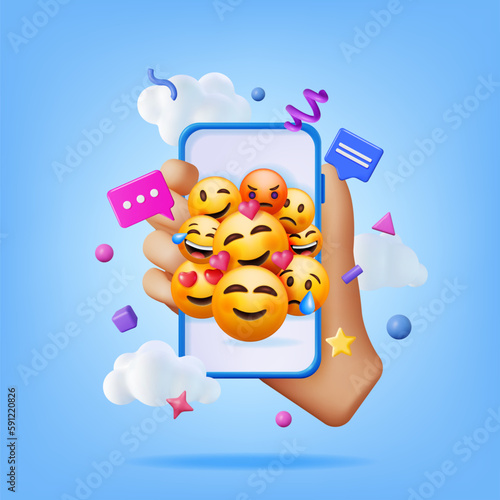 3D Set of Emoticons in Smartphone. Social Media Yellow Faces with Various Emotions and Expression. Tear Smile Sad Love Happy Unhappy Like Lol Angry Wink Laughter Emoji Character. Vector Illustration © absent84