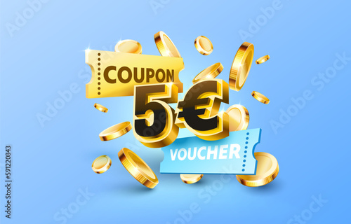 5 euro coupon gift voucher, cash back banner special offer. Vector illustration
