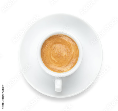 White espresso coffee cup with creams, isolated on a transparent background png, top view. 