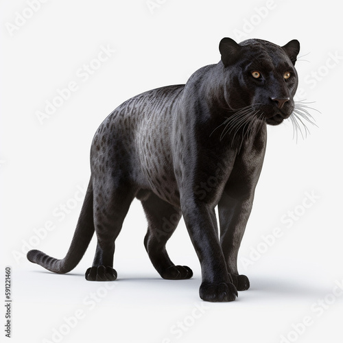 Front view of Panther on white background. Wild animals banner with copy space. Predator series walking out of the dark into the light © Mickael