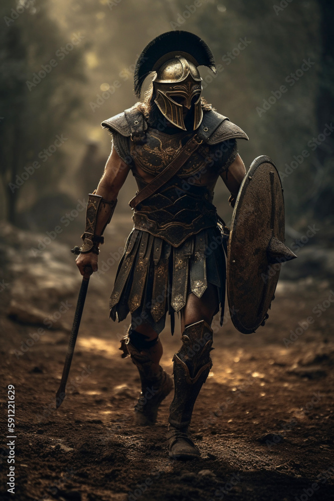 Portrait of a Spartan in the forest with a sword and shield in armor