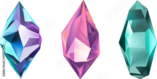 Glass shiny crystals with different shades reflecting light.A collection of images of diamonds of various geometric shapes, colors and sizes.Vector realistic set of glow gemstone or colorful ice.