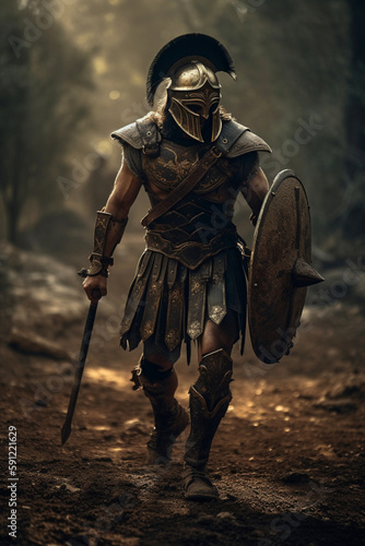 Leinwand Poster Portrait of a Spartan in the forest  with a sword and shield in armor