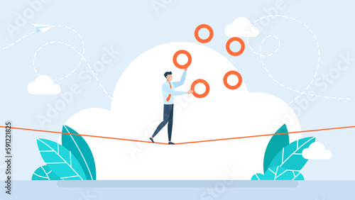 Businessman juggling with rings on rope. Juggler businessman manager showing skill and ease of control in management multitasking. Wealth management. Business risk concept. Flat vector illustration