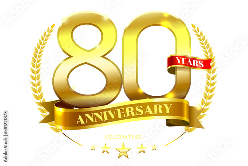 80 Years Anniversary with laurel wreath Golden Ribbon