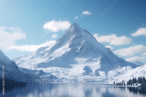 A minimalist landscape with a snowy mountain peak, Generative AI