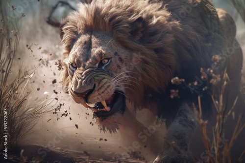 A detailed illustration of a predator in action  such as a lion hunting prey  Generative AI