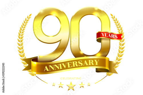 90 Years Anniversary with laurel wreath Golden Ribbon