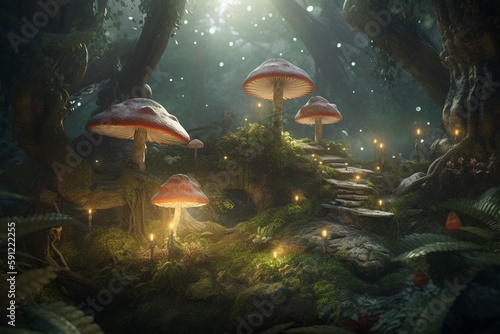 A whimsical illustration of a mystical or enchanted forest, Generative AI