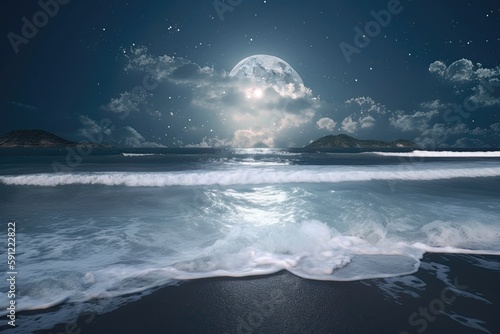A surreal beach scene with a bright full moon illuminat Generative AI 2